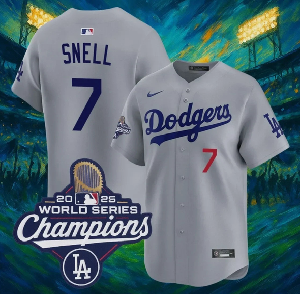 Women's Los Angeles Dodgers #7 Blake Snell Gray 2025 World Series Champions Limited Stitched Baseball Jersey(Run Small) Women's Los Angeles Dodgers #7 Blake Snell Gray 2025 World Series Champions Limited Stitched Baseball Jersey(Run Small)